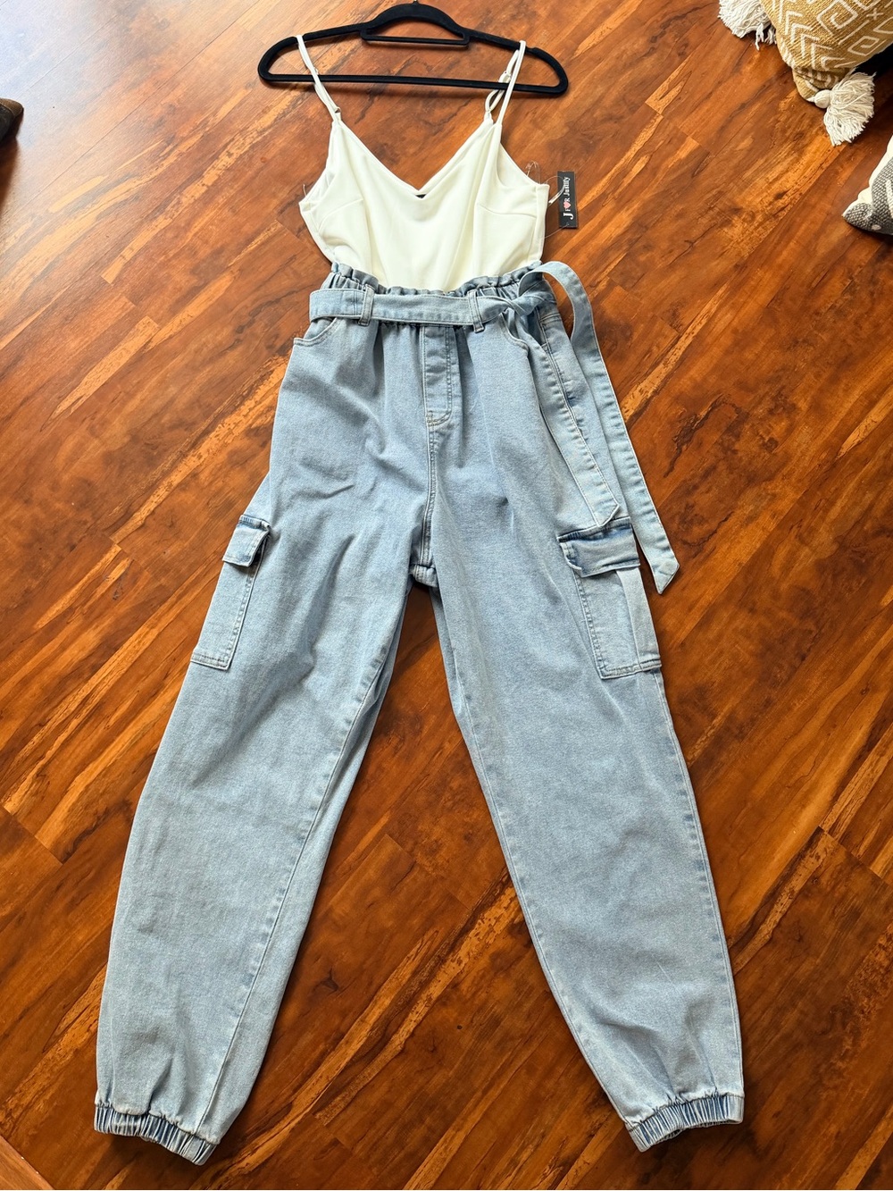 Light Wash Cargo Paperbag Waist jumper with attached Cream Cami